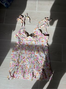 Floral Tie-Shoulder Mini Dress in White with Pink & Orange Flowers